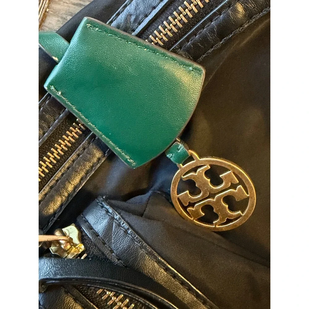 Tory Burch Black Nylon Backpack Gold Hardware Green Quilted Interior